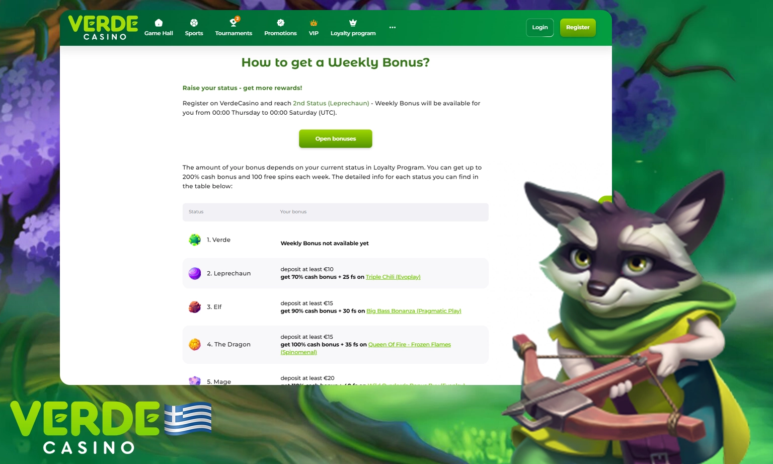 Εβδομαδιαίο μπόνους μέχρι € 1.000 + 100 FS Verde Casino